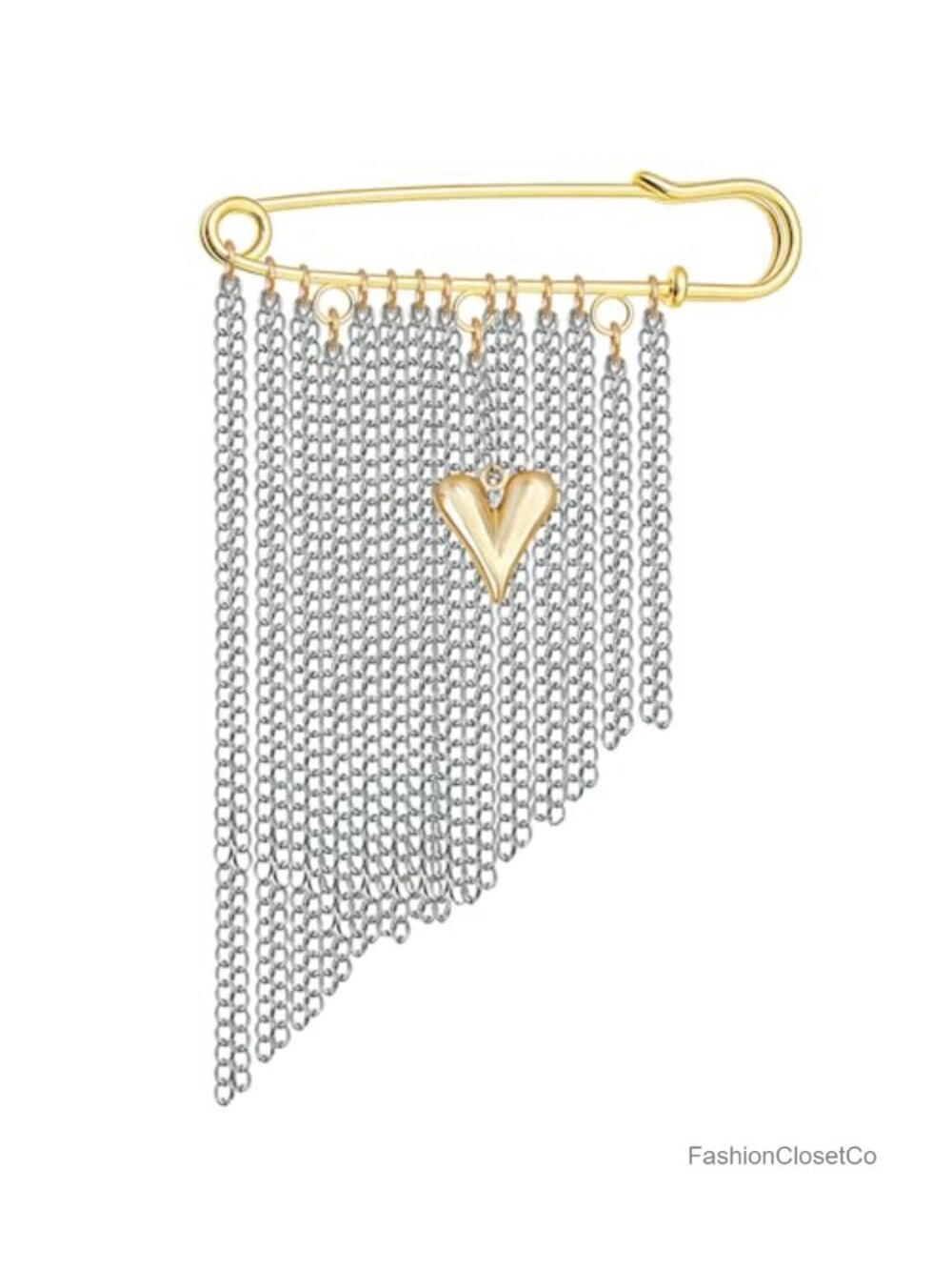 Silver Multi-Tassel Chain Brooch Pin with Gold Heart Pendant for Women